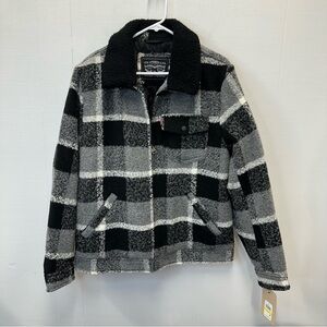 Levi's Medium Sherpa Jacket Plaid Coat Black and Gray Checkered
